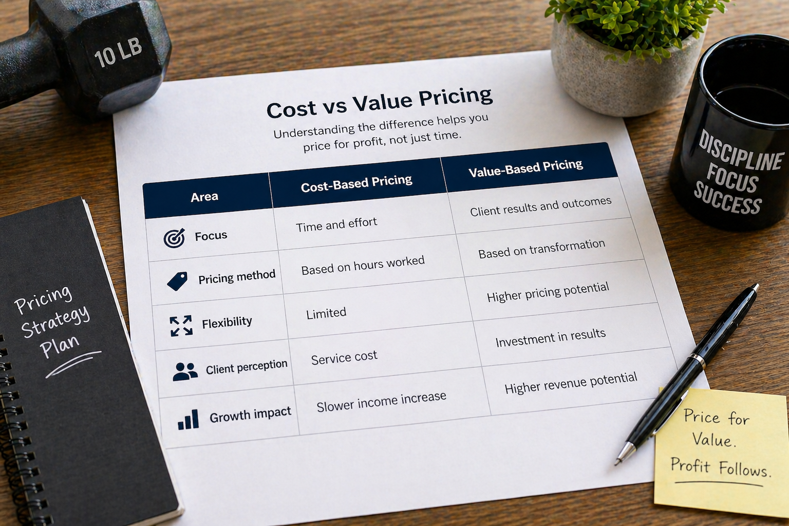 Cost vs value pricing comparison table on fitness coaching desk