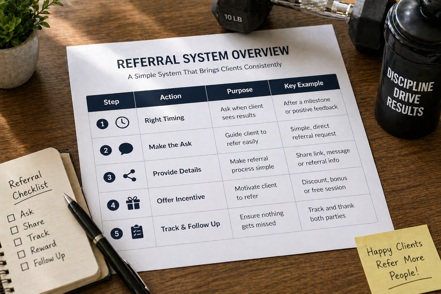 Referral system overview table for fitness coaching on desk
