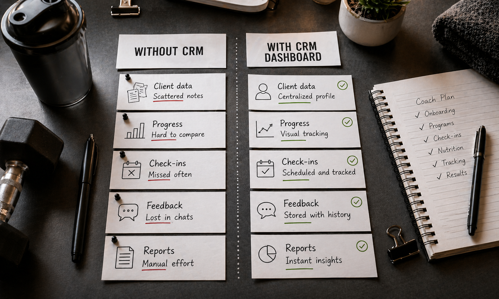 Desk infographic showing fitness coaching without CRM vs with CRM, highlighting better tracking, client data, check-ins, feedback, and reporting