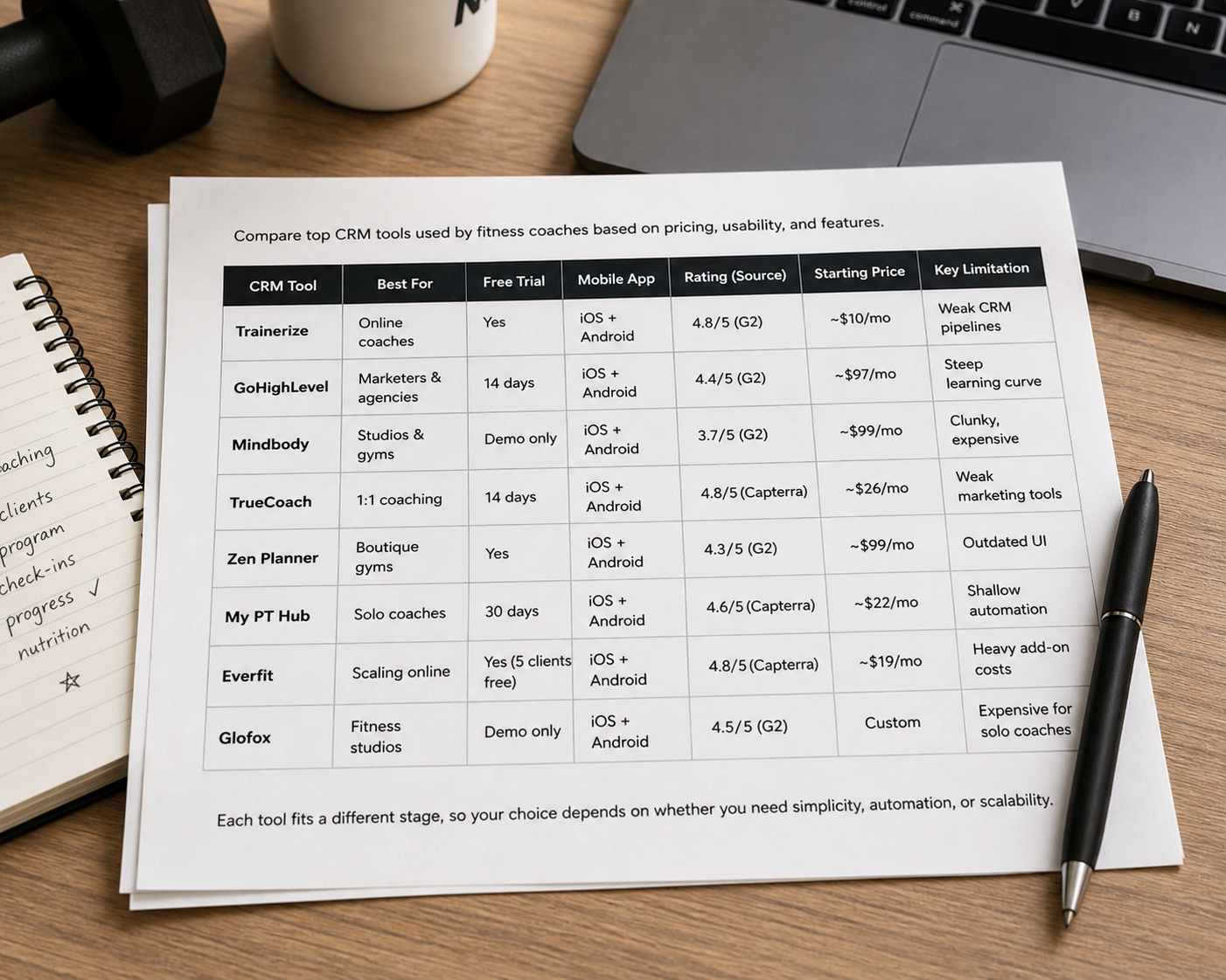 CRM tools comparison table for fitness coaches with pricing and features