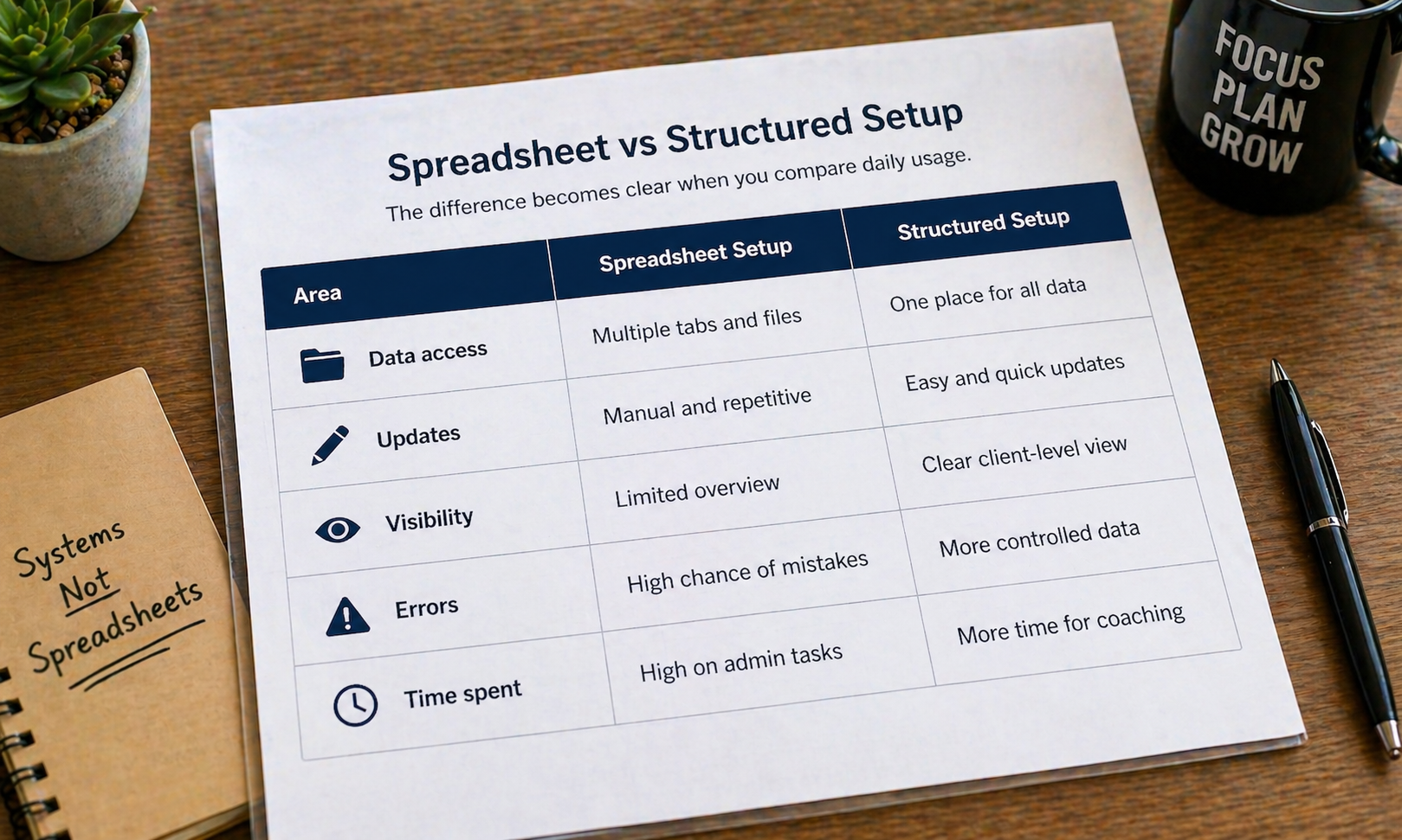 Spreadsheet vs structured setup comparison table on fitness coach desk