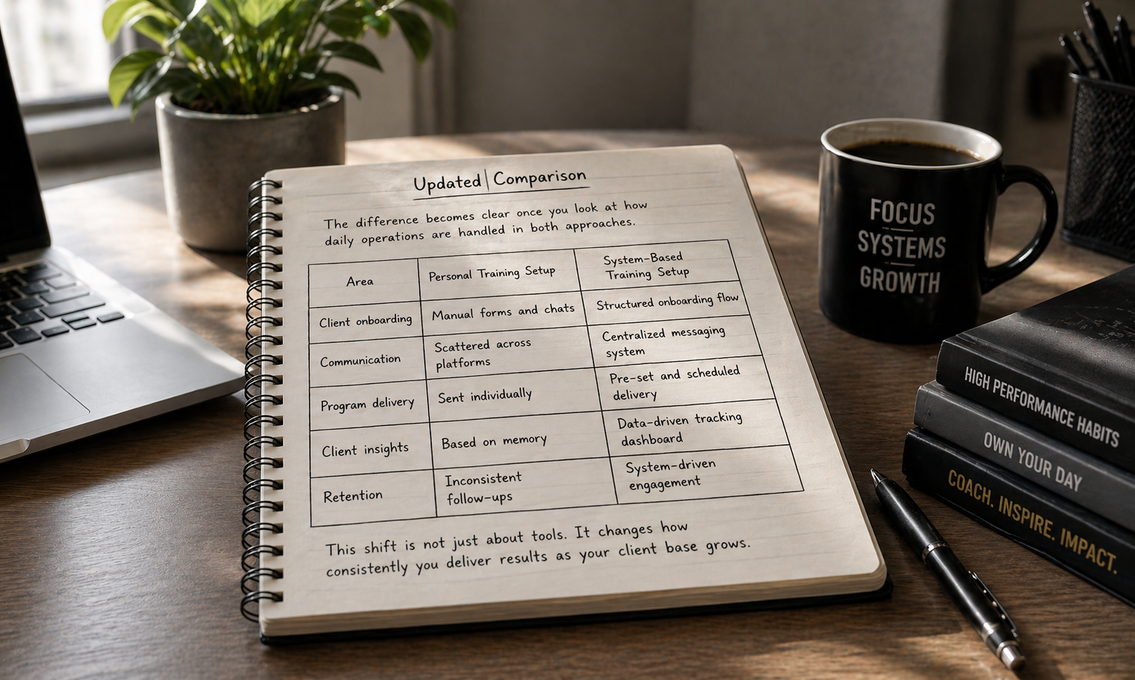System-based vs personal training comparison table on notebook desk