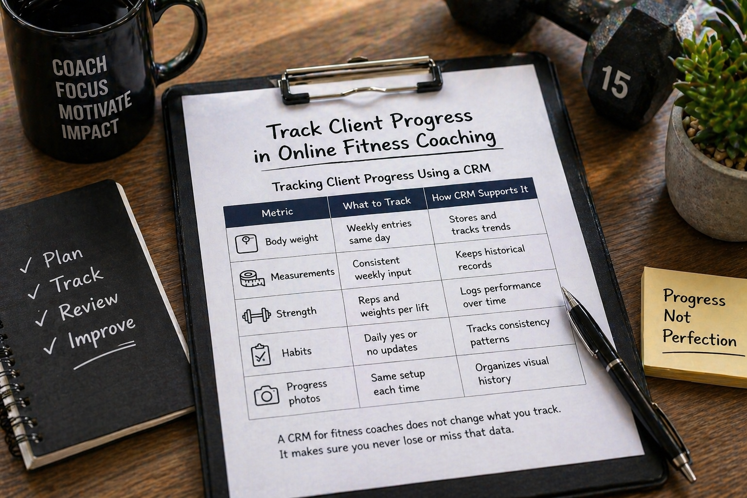 CRM-based client progress tracking table on fitness coach desk
