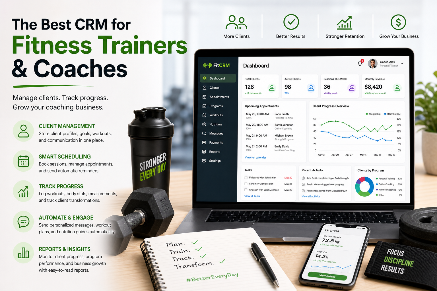 Best CRM for fitness trainers dashboard with client management, scheduling, and progress tracking on laptop and mobile