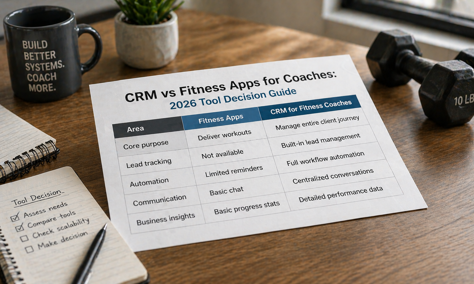 CRM vs fitness apps comparison table on desk workspace