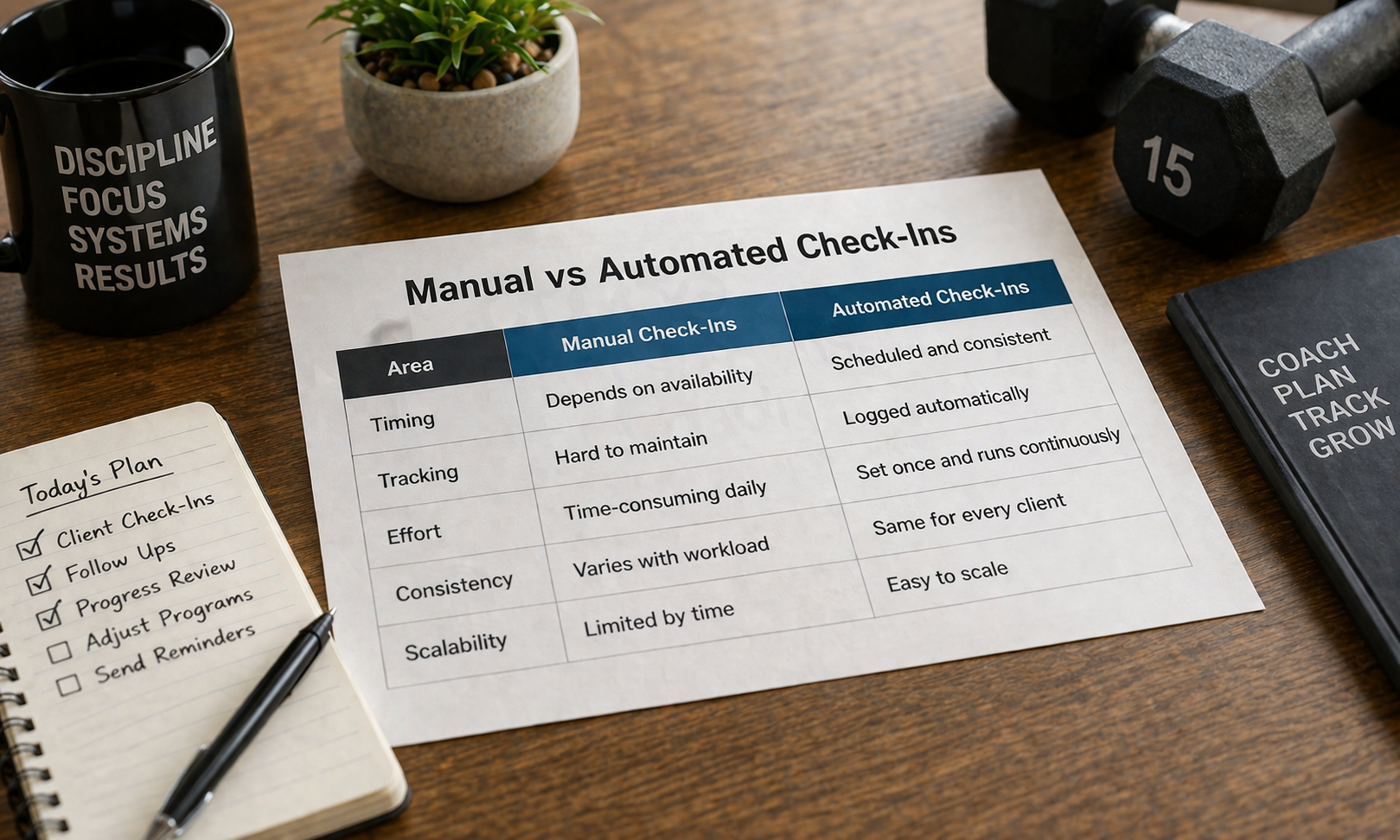 Manual vs automated check-ins comparison table on desk workspace